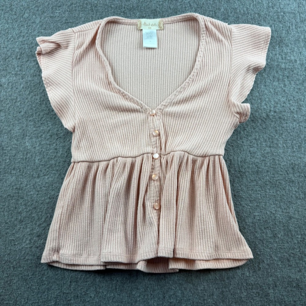 Altar'd State Peplum Top‎ Womens XS Pink Ribbed Button V-Neck Flutter Sleeve